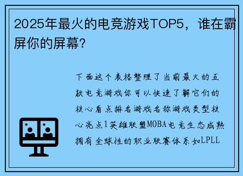 2025年最火的电竞游戏TOP5，谁在霸屏你的屏幕？