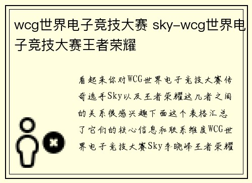 wcg世界电子竞技大赛 sky-wcg世界电子竞技大赛王者荣耀